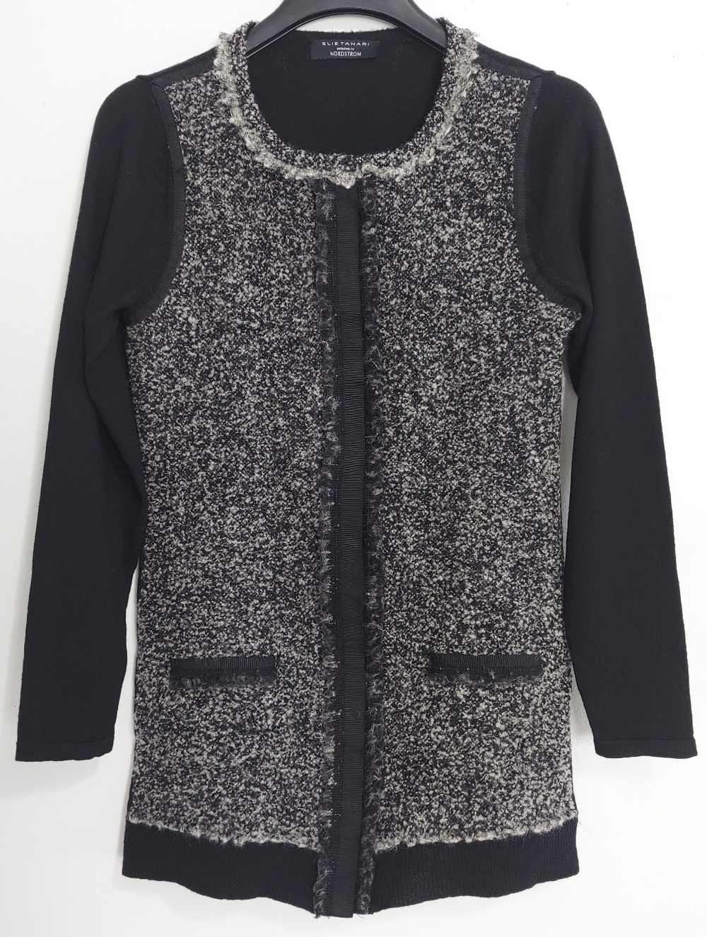 Elie Tahari Nordstrom Black Merino Wool Boucle Fringed Snap Front Jacket Sz S